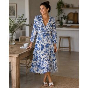 Zara NEW Blue White Floral Ruffle Midi Dress Long Sleeve Tiered White Small